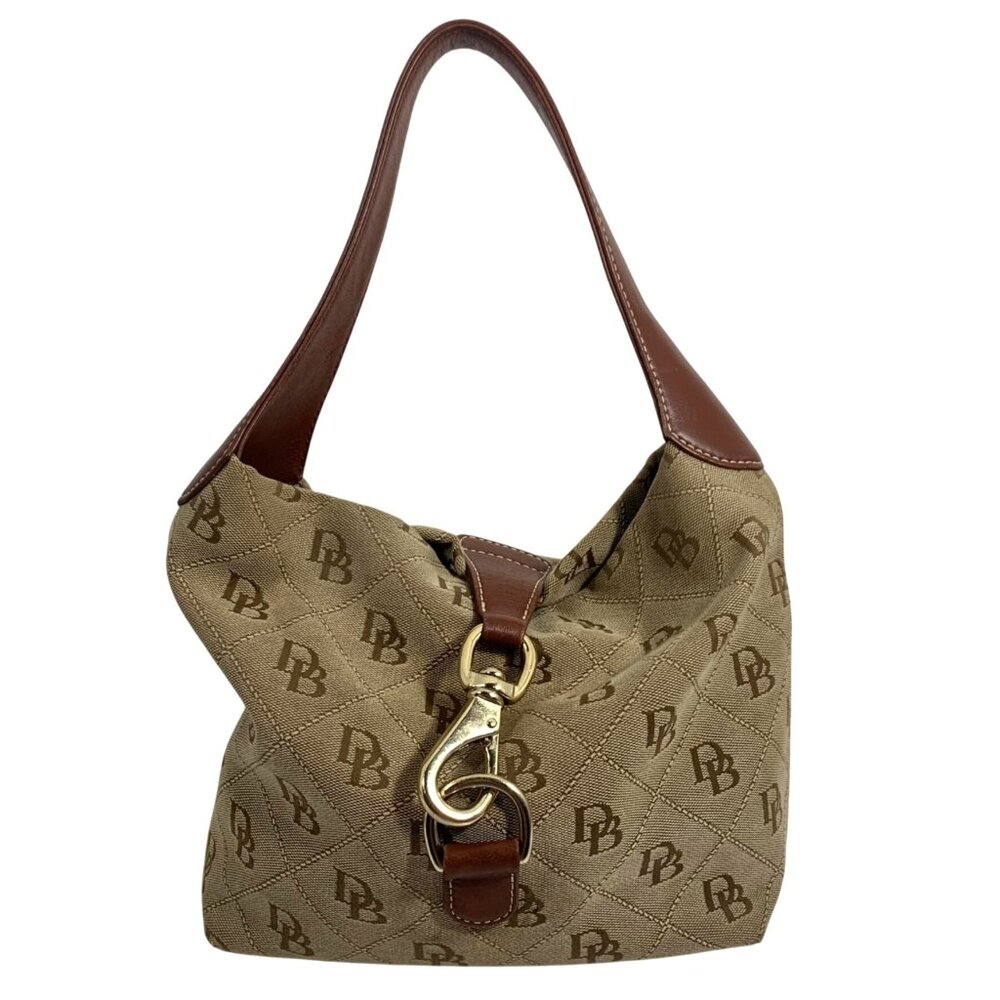 Dooney Bourke Signature Logo Tan Canvas Brown Leather Lock Front Shoulder Bag